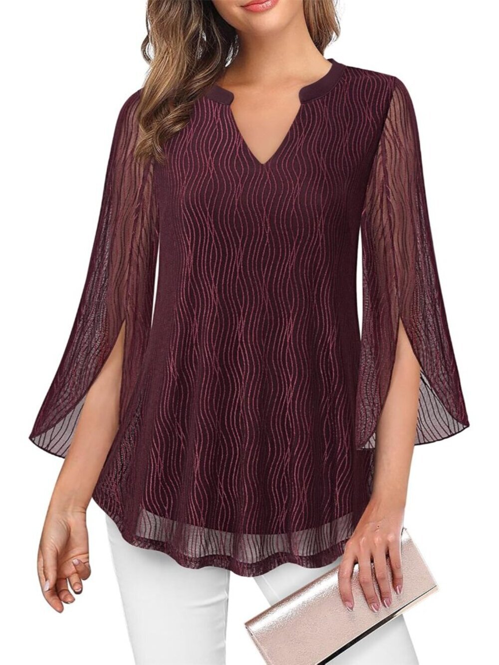 VALOLIA Women's Tops Red  3/4 Sleeve Floral V Neck Double Layers Mesh Blouses